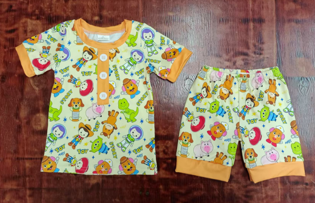 Preorder moq 5 Baby Boys Short Sleeves Button Cartoon Dolls Top Shorts Pajamas Set