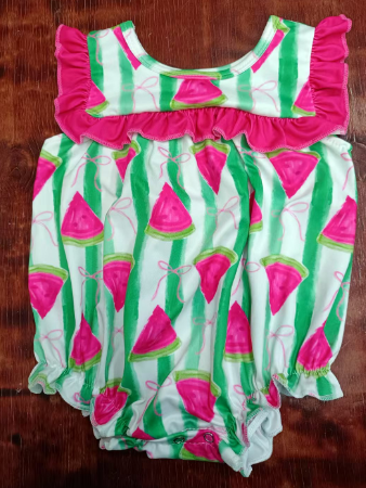 Preorder moq 5 Baby Girls Pink Sleeveless Watermelon Stripe Ruffle Rompers
