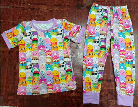 Preorder moq 5 Baby Girls Lavender Short Sleeves Cartoon Cats Top Legging Pant Pajamas Set