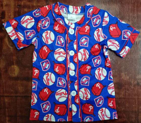 Preorder moq 5 Baby Girls Blue Short Sleeves Button Baseballs Hats Shirts Top