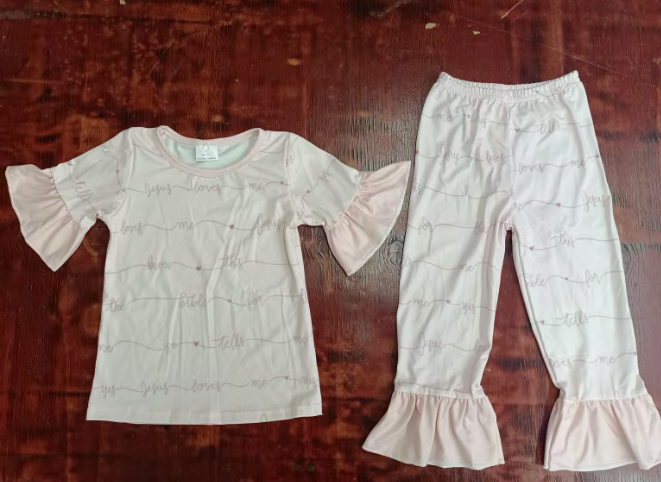 Preorder moq 5 Baby Girls Peach Short Ruffle Sleeves Love Me Stripe Top Ruffle Pant Pajamas Set