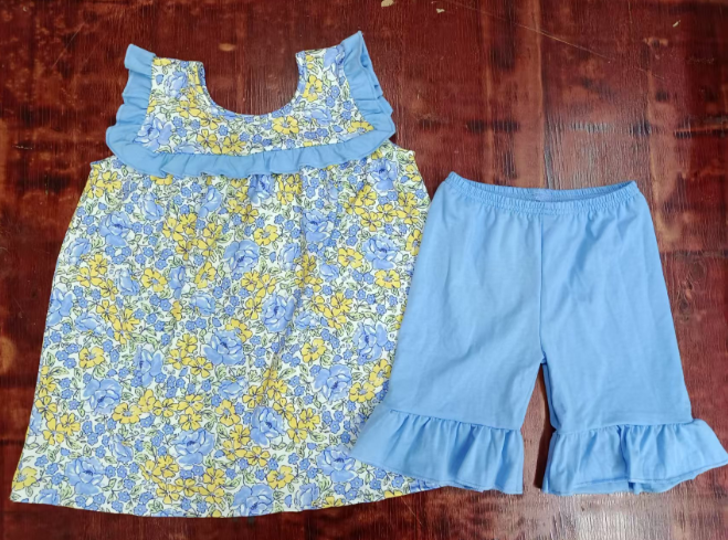 Preorder moq 5 Baby Girls Blue Sleeveless Floral Tunic Ruffle Short Sets