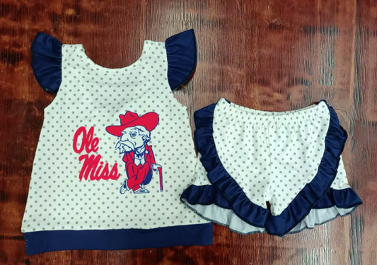 Preorder moq 5 Baby Girls Navy Flutter Sleeves Polka Dots Ole Miss Tunic Ruffle Short Sets