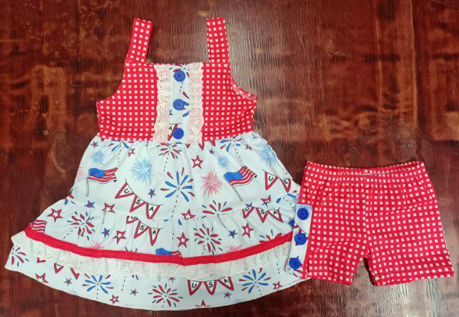 Preorder moq 5 Baby Girls Red Plaid Strap Button Firework Flags Tunic Short 4th Of July Set