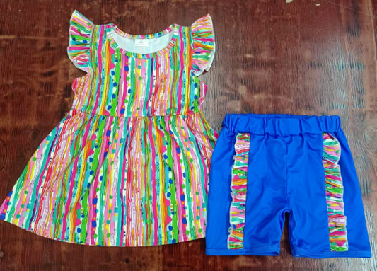 Preorder moq 5 Baby Girls Colorful Stripe Flutter Sleeves Tunic Hot Blue Ruffle Short Set