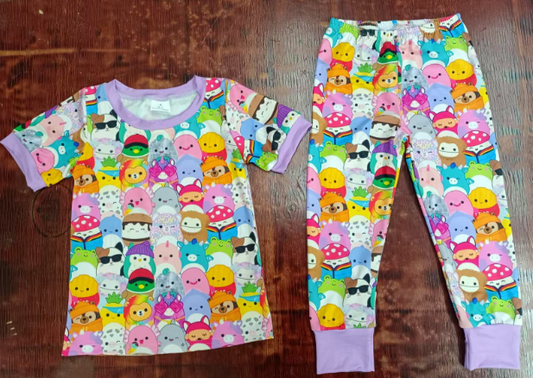 Preorder moq 5 Baby Girls Lavender Short Sleeves Cartoon Birds Top Legging Pant Pajamas Set