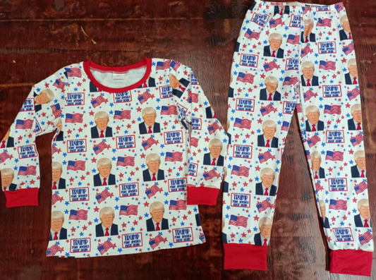 Preorder moq 5 Baby Boys Red Long Sleeves Flags Stars Trump Top Pant 4th Of July Pajamas Set