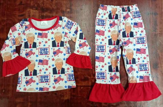 Preorder moq 5 Baby Girls Red Long Ruffle Sleeves Flags Stars Trump Top Pant 4th Of July Pajamas Set