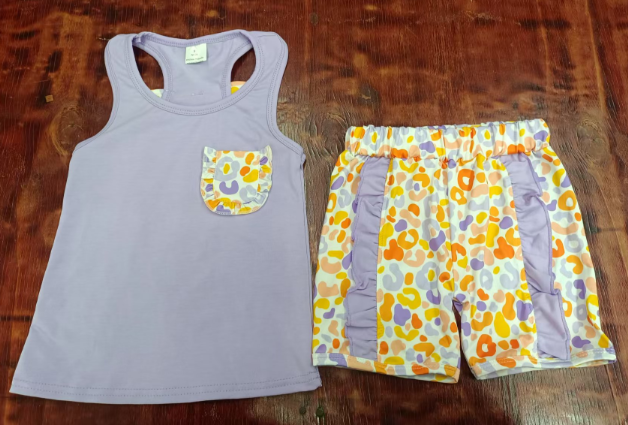 Preorder moq 5 Baby Girls Lavender Sleeveless Pocket Top Colorful Leopard Ruffle Short Set
