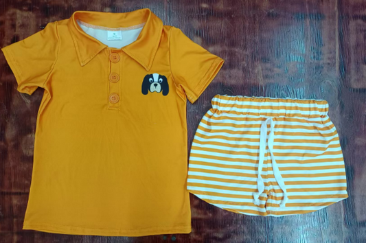 Preorder moq 5 Baby Boys Yellow Short Sleeves Button Dog Top Stripe Short Set