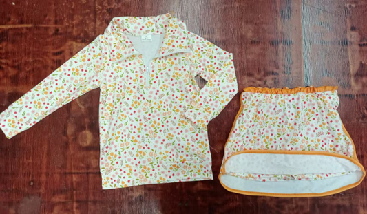 Preorder moq 5 Baby Girls Orange Floral Zipper Pullovers Top Ruffle Skort Set