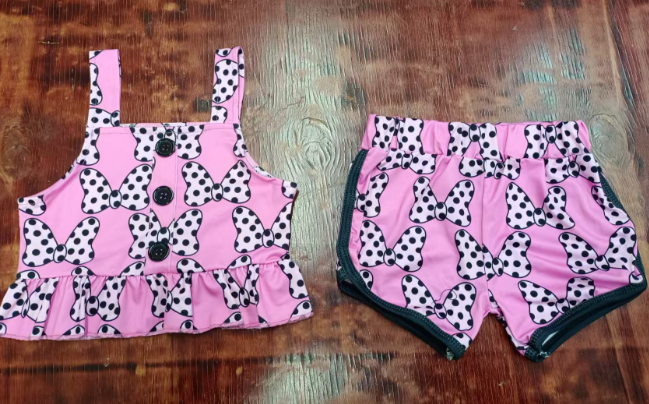 Preorder moq 5 Baby Girls Pink Strap Polka Dots Butterfly Button Tunic Short Set