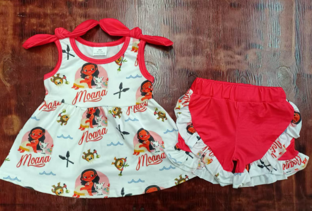 Preorder moq 5 Baby Girls Red Strap Cartoon Moana Tunic Ruffle Short Set