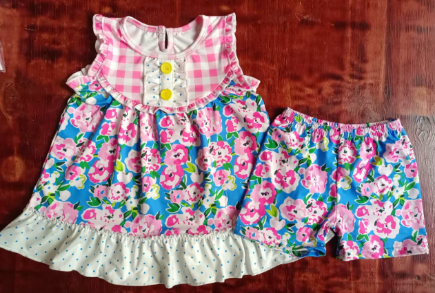 Preorder moq 5 Baby Girls Sleeveless Pink Plaid Floral Button Tunic Short Set