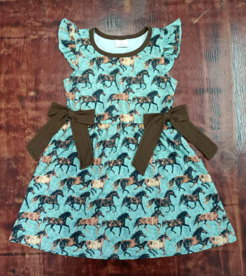 Preorder moq 5 Baby Girls Aqua Flutter Sleeves Horses Bows Knee Length Dress