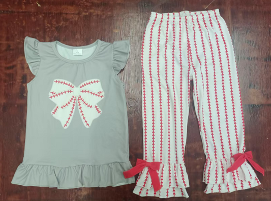 Preorder moq 5 Baby Girls Gray Flutter Sleeves Baseball Bow Top Red Stripe Ruffle Pant Set