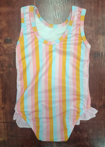 Preorder moq 5 Baby Girls Sleeveless Colorful Stripe One Piece Ruffle Swimsuits