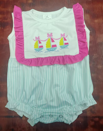 Preorder moq 5 Baby Girls Sleeveless Boats Aqua Stripe Ruffle Rompers