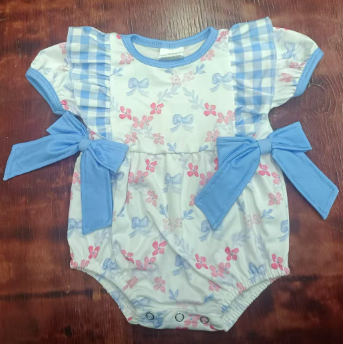 Preorder moq 5 Baby Girls Blue Short Ruffle Sleeves Bows Floral Ruffle Rompers