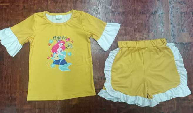 Preorder moq 5 Baby Girls Yellow Short Ruffle Sleeves Mermaid Top Short Pajamas Set