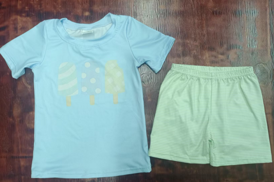 Preorder moq 5 Baby Boys Blue Short Sleeves Popsicle Top Aqua Stripe Short Set