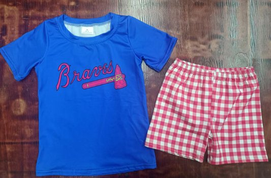 Preorder moq 5 Baby Girls Hot Blue Short Sleeves Bnaver Top Red Plaid Short Set