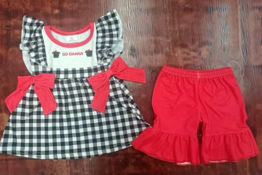 Preorder moq 5 Baby Girls Black Plaid Flutter Sleeves Go Dawgs Bows Tunic Red Ruffle Short Set