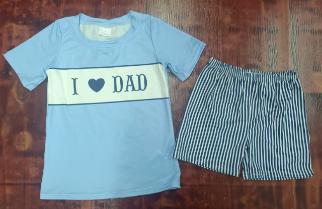 Preorder moq 5 Baby Boys Blue Short Sleeves I Love Dad Top Black Stripe Short Set