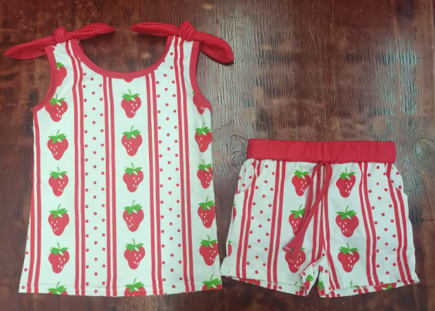 Preorder moq 5 Baby Girls Red Bows Sleeveless Strawberry Stripe Top Pockets Short Set