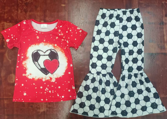 Preorder moq 5 Baby Girls Red Short Sleeves Football Hearts Top Bell Bottom Pant Set