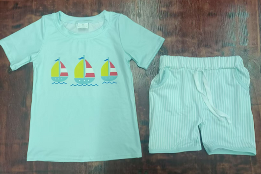 Preorder moq 5 Baby Boys Aqua Short Sleeves Boats Top Stripe Pockets Short Set