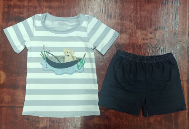 Preorder moq 5 Baby Boys Gray Stripe Short Sleeves Boat Dog Top Black Short Set