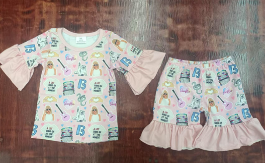 Preorder moq 5 Baby Girls Short Ruffle Sleeves Singers Guitars Top Short Pajamas Set