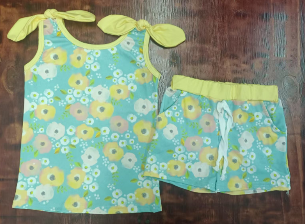 Preorder moq 5 Baby Girls Yellow Bows Sleeveless Flowers Top Pockets Short Set