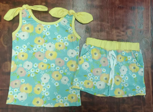 Preorder moq 5 Baby Girls Yellow Bows Sleeveless Flowers Top Pockets Short Set