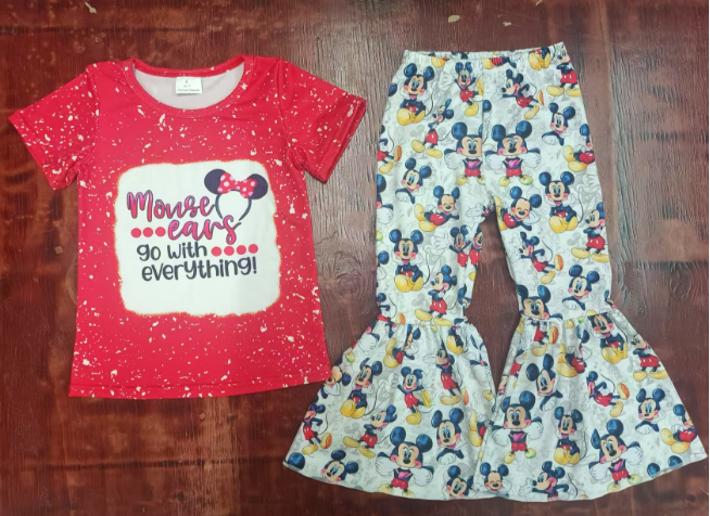 Preorder moq 5 Baby Girls Red Short Sleeves Cartoon Mouse Top Bell Bottom Pant Set