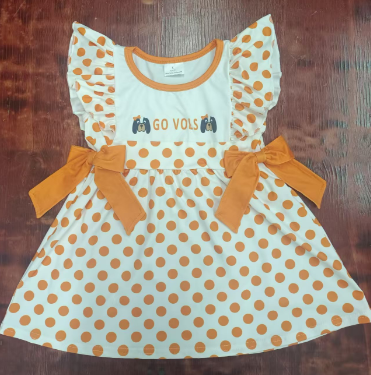 Preorder moq 5 Baby Girls Flutter Sleeves Orange Polka Dots Go Vols Bows Knee Length Dress