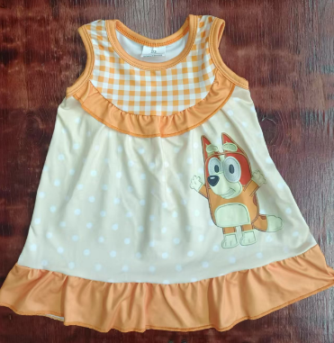 Preorder moq 5 Baby Girls Sleeveless Cartoon Dogs Orange Polka Dots Knee Length Dress