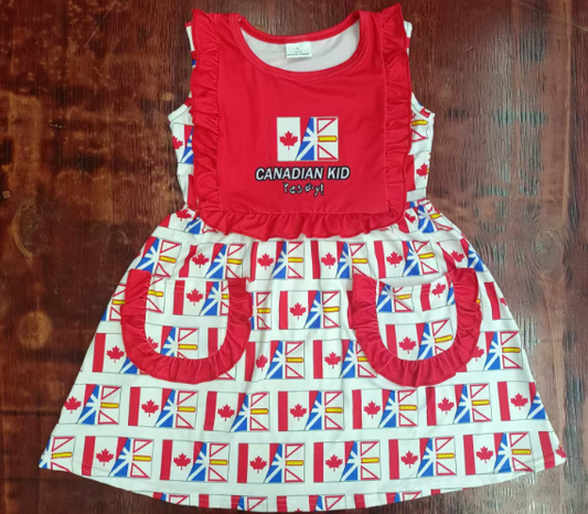 Preorder moq 5 Baby Girls Red Sleeveless UK Flags Pockets Knee Length Dress