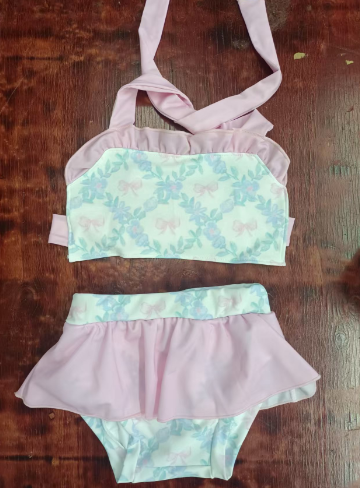 Preorder moq 5 Baby Girls Pink Strap Bows Floral Top Bummies 2 Pieces Swimsuits
