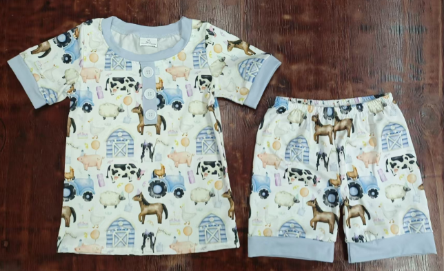 Preorder moq 5 Baby Boys Short Sleeves Cows Horses Button Top Short Farm Pajamas Set