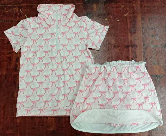 Preorder moq 5 Baby Girls Short Sleeves Pink Bows Zipper Pullover Top Skorts Set