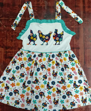 Preorder moq 5 Baby Girls Strap Colorful Flowers Chicks Knee Length Dress