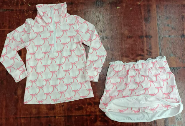 Preorder moq 5 Baby Girls Long Sleeves Pink Bows Zipper Pullover Top Skorts Set