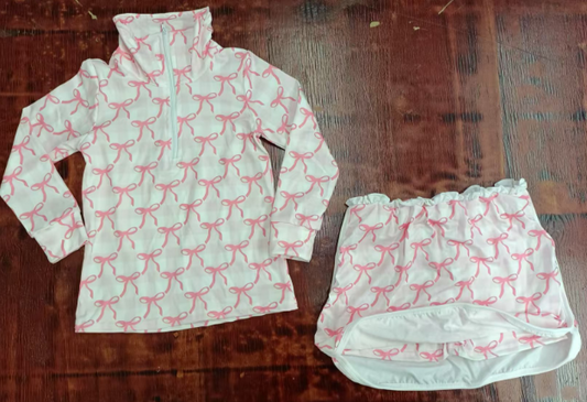 Preorder moq 5 Baby Girls Long Sleeves Pink Bows Zipper Pullover Top Skorts Set