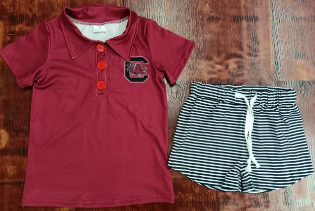 Preorder moq 5 Baby Boys Dark Red Short Sleeves Button C Top Black Stripe Shorts Set