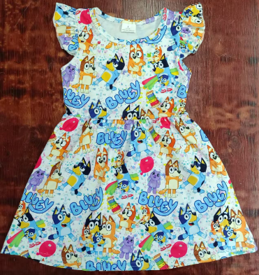 Preorder moq 5 Baby Girls Flutter Sleeves Cartoon Dogs Balloons Knee Length Dress
