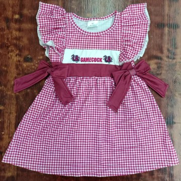 Preorder moq 5 Baby Girls Red Plaid Flutter Sleeves Gamecock Bows Knee Length Dress