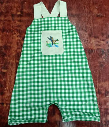 Preorder moq 5 Baby Boys Strap Green Plaid Duck Rompers