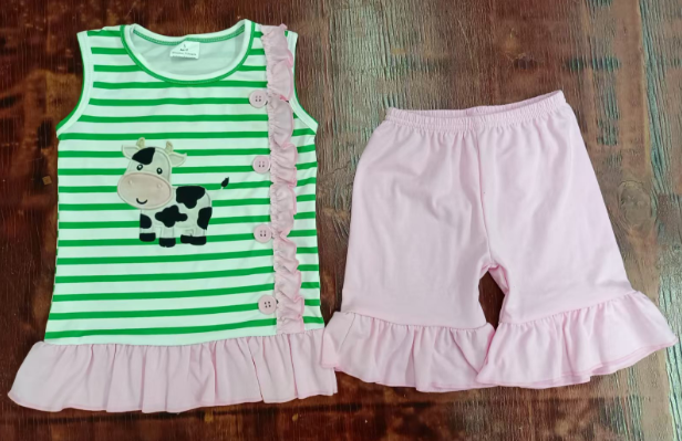 Preorder moq 5 Baby Girls Sleeveless Cows Button Tunic Ruffle Shorts Set
